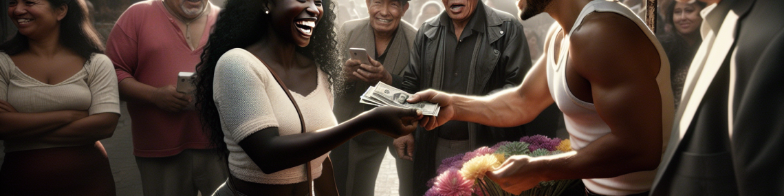 Una escena en un bullicioso mercado latinoamericano, donde una mujer sonriente le entrega dinero a un hombre atractivo que está vendiendo flores. La mujer, de apariencia alegre, parece impresionada y casi hipnotizada por su carisma, mientras otros hombres y mujeres en el fondo observan la situación con expresiones de sorpresa o desaprobación. La luz del sol ilumina la escena, creando un contraste entre la felicidad de la mujer y la tensión en el ambiente. La imagen tiene un estilo realista, como si hubiera sido tomada por una cámara DSLR, capturando la complejidad emocional del momento en un enfoque de periodismo amarillista.