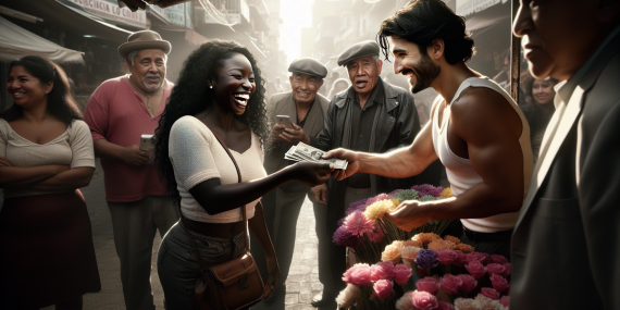 Una escena en un bullicioso mercado latinoamericano, donde una mujer sonriente le entrega dinero a un hombre atractivo que está vendiendo flores. La mujer, de apariencia alegre, parece impresionada y casi hipnotizada por su carisma, mientras otros hombres y mujeres en el fondo observan la situación con expresiones de sorpresa o desaprobación. La luz del sol ilumina la escena, creando un contraste entre la felicidad de la mujer y la tensión en el ambiente. La imagen tiene un estilo realista, como si hubiera sido tomada por una cámara DSLR, capturando la complejidad emocional del momento en un enfoque de periodismo amarillista.