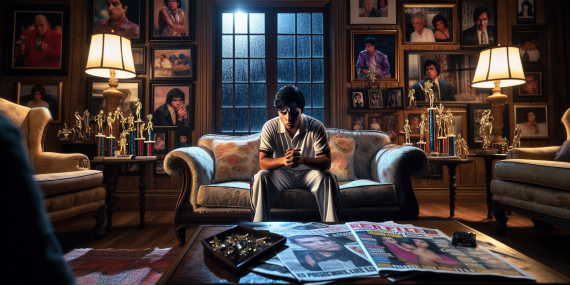 Un joven latinoamericano, angustiado y solitario, sentado en un lujoso sofá en una opulenta casa llena de trofeos y fotos de celebridades, mirando por la ventana bajo una lluvia torrencial. Su rostro refleja tristeza y ansiedad, sus manos inseguras abrazan sus rodillas. Al fondo, un periódico amarillista en la mesa muestra críticas hirientes sobre su vida. La escena es iluminada dramáticamente, con sombras intensas y colores vibrantes, capturando la carga emocional de ser hijo de una celebridad en un contexto latinoamericano, todo en un estilo realista como si fuera tomado por una cámara DSLR.