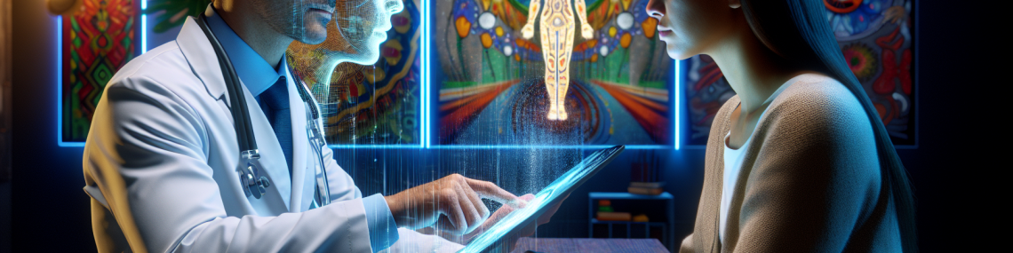 Retrato en un ambiente latinoamericano que representa la revolución de la inteligencia artificial en el tratamiento de enfermedades mentales. Un psiquiatra de origen latino, usando tecnología avanzada como una tablet o una pantalla holográfica, interactúa con un paciente en un consultorio. La escena muestra emociones contrastantes: el paciente con una expresión de esperanza y ansiedad, mientras el médico, con una mirada tranquila y profesional, refleja confianza en la tecnología. El consultorio tiene elementos culturales latinoamericanos, como colores vibrantes y arte local, pero también muestra elementos futuristas. La iluminación crea un ambiente que evoca tanto la alegría de la esperanza como la tristeza de la lucha con problemas mentales, capturado en un estilo realista y vívido, como una fotografía de alta calidad.