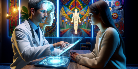 Retrato en un ambiente latinoamericano que representa la revolución de la inteligencia artificial en el tratamiento de enfermedades mentales. Un psiquiatra de origen latino, usando tecnología avanzada como una tablet o una pantalla holográfica, interactúa con un paciente en un consultorio. La escena muestra emociones contrastantes: el paciente con una expresión de esperanza y ansiedad, mientras el médico, con una mirada tranquila y profesional, refleja confianza en la tecnología. El consultorio tiene elementos culturales latinoamericanos, como colores vibrantes y arte local, pero también muestra elementos futuristas. La iluminación crea un ambiente que evoca tanto la alegría de la esperanza como la tristeza de la lucha con problemas mentales, capturado en un estilo realista y vívido, como una fotografía de alta calidad.
