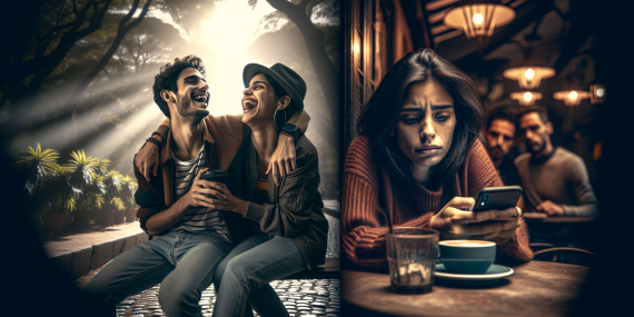 Una escena en un ambiente urbano latinoamericano, representando la dualidad de la infidelidad: a la izquierda, una pareja de jovenes felices en un parque, riendo y abrazándose, mientras que a la derecha, una mujer sentada sola en un café, con expresión de tristeza y desasosiego, mirando su celular; iluminación dramática, enfoque en las emociones de ambos lados, detalles en sus rostros que transmiten vulnerabilidad y la complejidad de las relaciones humanas, estilo realista como fotografía tomada con una cámara DSLR, composiciones que evocan una mezcla de alegría y tristeza, sin texto.