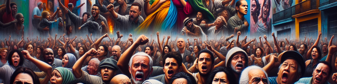 "Una escena vibrante y conmovedora que representa a un grupo diverso de personas de diferentes edades y orígenes en un entorno urbano latinoamericano, mostrando cómo el 'Grito de Independencia' inspira su salud mental y desarrollo personal. En el fondo, un mural colorido que simboliza la libertad y la resistencia, mientras que en primer plano se ven emociones intensas, como alegría y sorpresa en algunos rostros, y tristeza y ansiedad en otros. La imagen tiene un estilo realista, como si hubiera sido tomada por una cámara DSLR, y transmite una sensación de comunidad y lucha, con elementos simbólicos que evocan la conexión entre la historia y el bienestar emocional. Sin texto, pero con un sentido de urgencia y profundidad emocional."