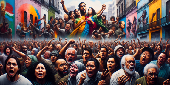"Una escena vibrante y conmovedora que representa a un grupo diverso de personas de diferentes edades y orígenes en un entorno urbano latinoamericano, mostrando cómo el 'Grito de Independencia' inspira su salud mental y desarrollo personal. En el fondo, un mural colorido que simboliza la libertad y la resistencia, mientras que en primer plano se ven emociones intensas, como alegría y sorpresa en algunos rostros, y tristeza y ansiedad en otros. La imagen tiene un estilo realista, como si hubiera sido tomada por una cámara DSLR, y transmite una sensación de comunidad y lucha, con elementos simbólicos que evocan la conexión entre la historia y el bienestar emocional. Sin texto, pero con un sentido de urgencia y profundidad emocional."