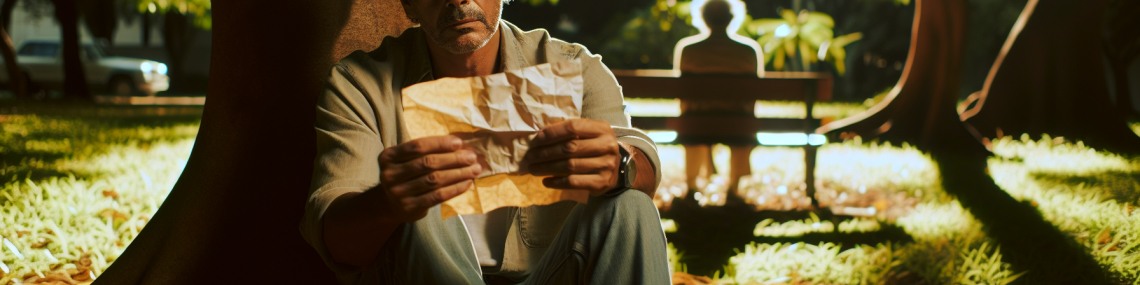 Una persona de mediana edad de origen latinoamericano, con expresión contemplativa y melancólica, sentada en un parque bajo un árbol frondoso, rodeada de hojas caídas. En sus manos sostiene una carta arrugada que parece contener palabras de perdón, mientras su mirada se pierde en la distancia. A su lado, una sombra de su pasado se refleja en el suelo, evocando sentimientos de amor y culpa. El ambiente es cálido y luminoso, pero con un matiz sombrío que insinúa lucha interna. El estilo debe parecer una fotografía realista capturada con una cámara DSLR, con un enfoque en la emoción y el contexto latinoamericano.