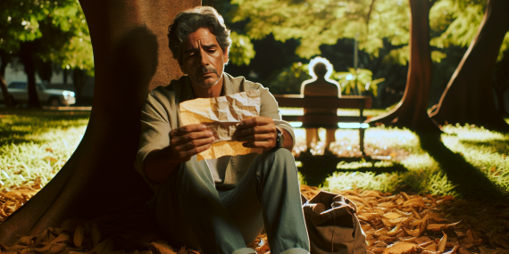Una persona de mediana edad de origen latinoamericano, con expresión contemplativa y melancólica, sentada en un parque bajo un árbol frondoso, rodeada de hojas caídas. En sus manos sostiene una carta arrugada que parece contener palabras de perdón, mientras su mirada se pierde en la distancia. A su lado, una sombra de su pasado se refleja en el suelo, evocando sentimientos de amor y culpa. El ambiente es cálido y luminoso, pero con un matiz sombrío que insinúa lucha interna. El estilo debe parecer una fotografía realista capturada con una cámara DSLR, con un enfoque en la emoción y el contexto latinoamericano.